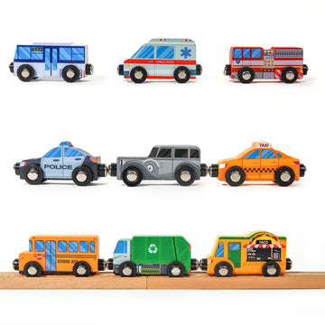 9 Piece Wooden Cars with Magnets - City Vehicles, Emergency Trucks, School Bus, Police, Fire, Ambulance, Taco Truck Toy - Community Helpers Play Set