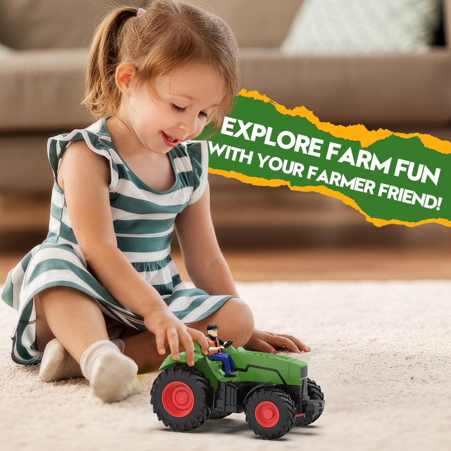 Uarzt Remote Control Tractor Toys for Kids 3-5, RC Tractor Toy with Farmer & Light,1:24 Scale, Rechargeable Farm Toy Tractor for Toddler Toy Set