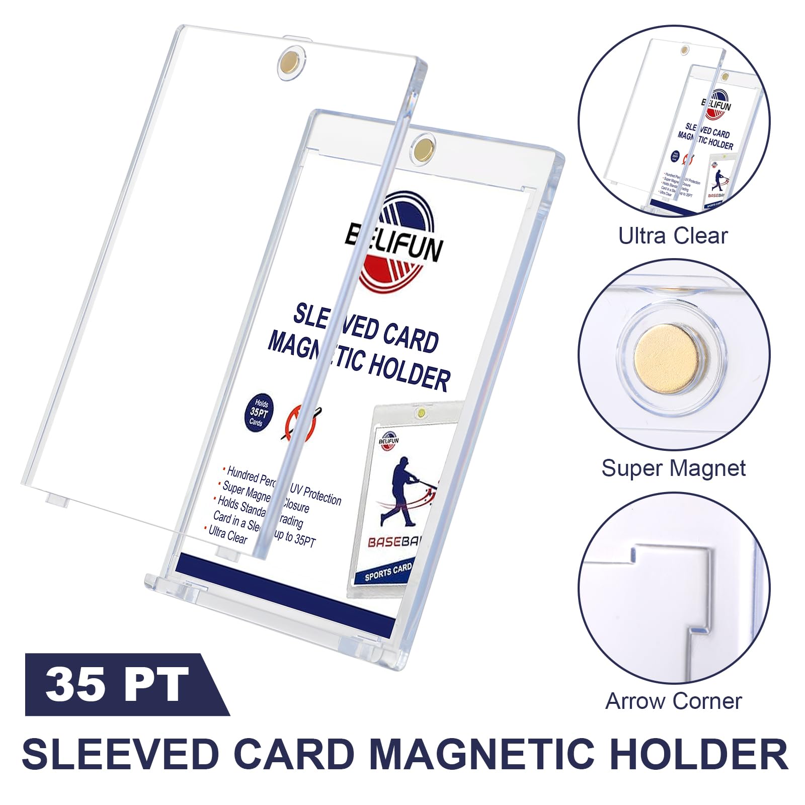 20-Pack One Touch Sleeved-Card Magnetic-Holders - 35PT Trading Card Holders, UV Protection Clear Acrylic Card Cases, Magnet Case Protectors for Game