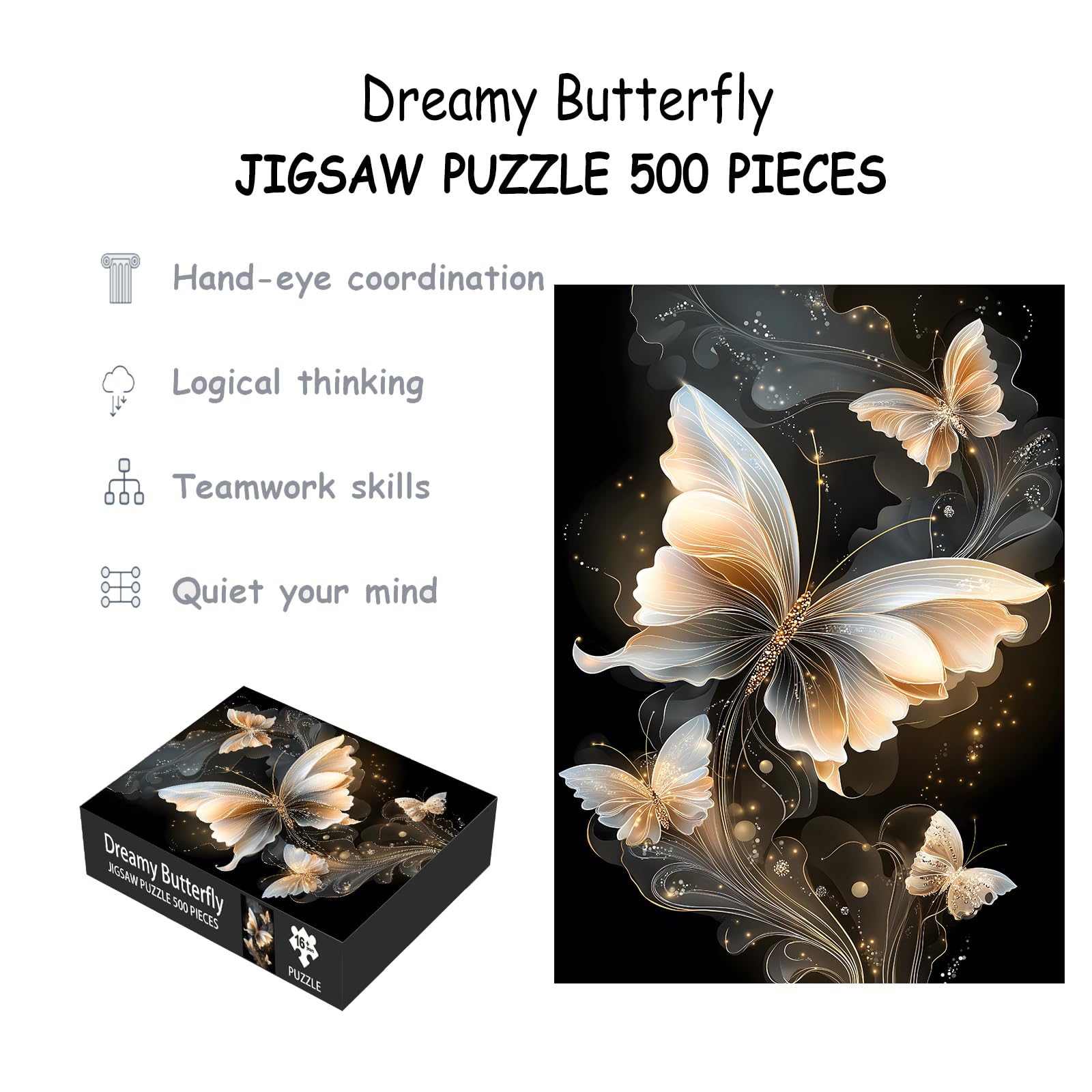 Puzzles for Adults 500 Pieces, Butterfly Jigsaw Puzzles - Dreamy Butterfly, Impossible Diamond Art Puzzle for Seniors Families, 20.47x14.96 Inches