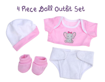 JC Toys Baby Girl 4-Piece Layette Set with Elephant Design, Pink and White, Includes T-Shirt, Cap, Booties and Diaper Made for Dolls 12"-14" Long
