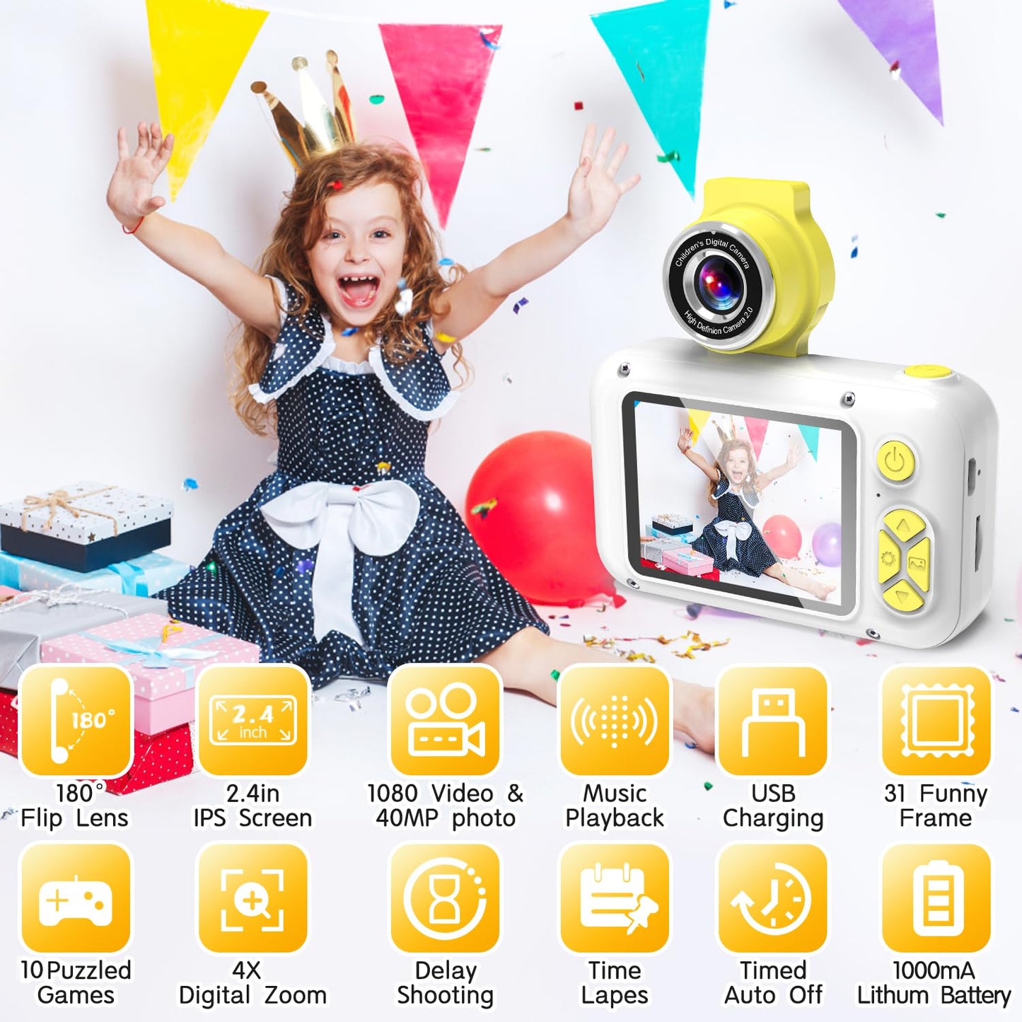 ARNSSIEN Kids Camera for Toddlers with 180° Flip Lens, 2.4 Inch IPS Screen Toddler Digital Camera for Kids 3-12, 32GB Card Included, Birthday Present