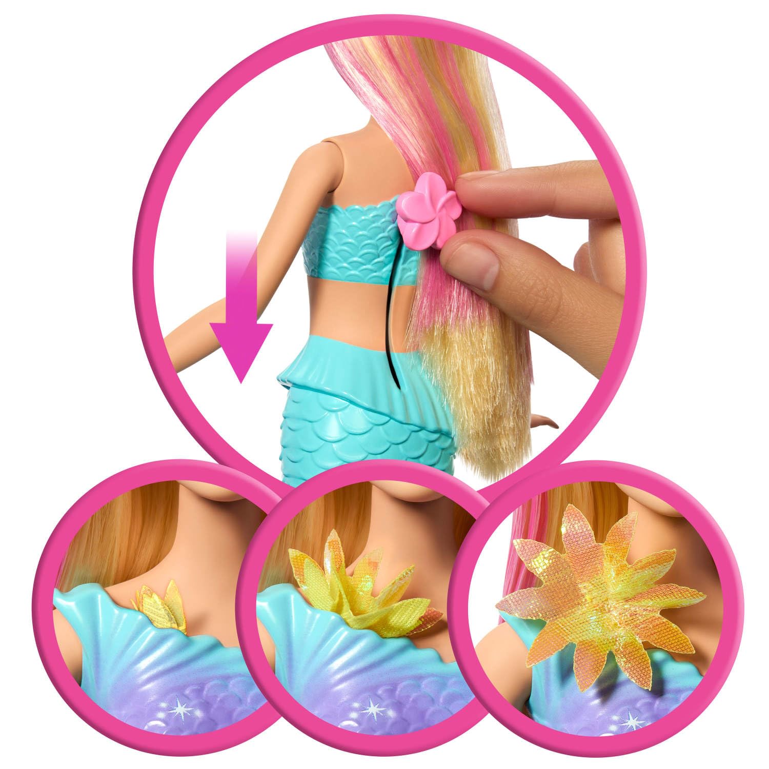 Barbie Mermaid Toy Dolls with Surprise Magic Blooming Flowers Feature, Ombre Tails, Pearl Headband Accessory & Long Blonde Hair with Pink Highlights