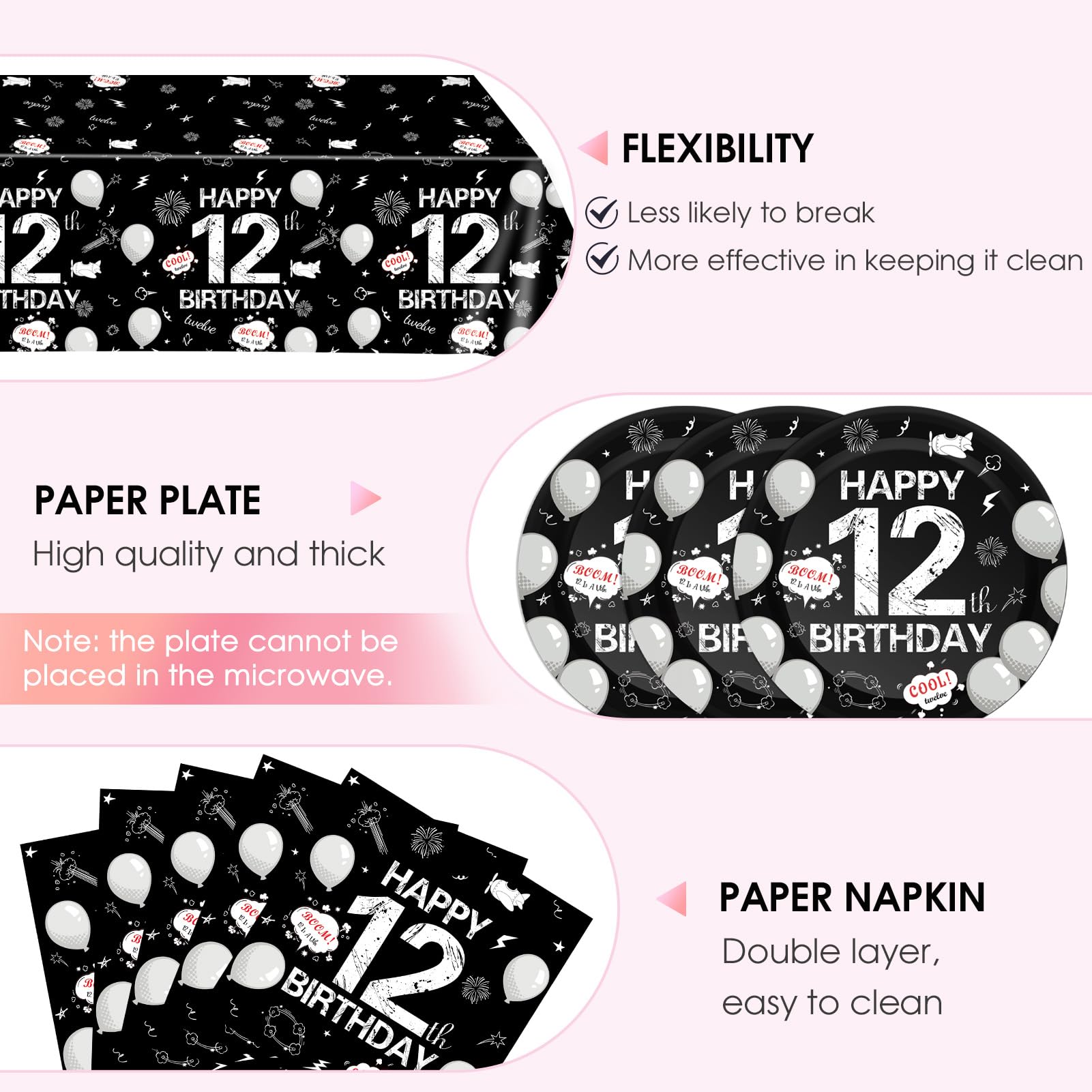 41Pcs 12th Birthday Decorations for Boys Girls,Black Bruh Im Happy 12 Birthday Tableware Set Include Black Plates and Napkins Party Supplies with 12