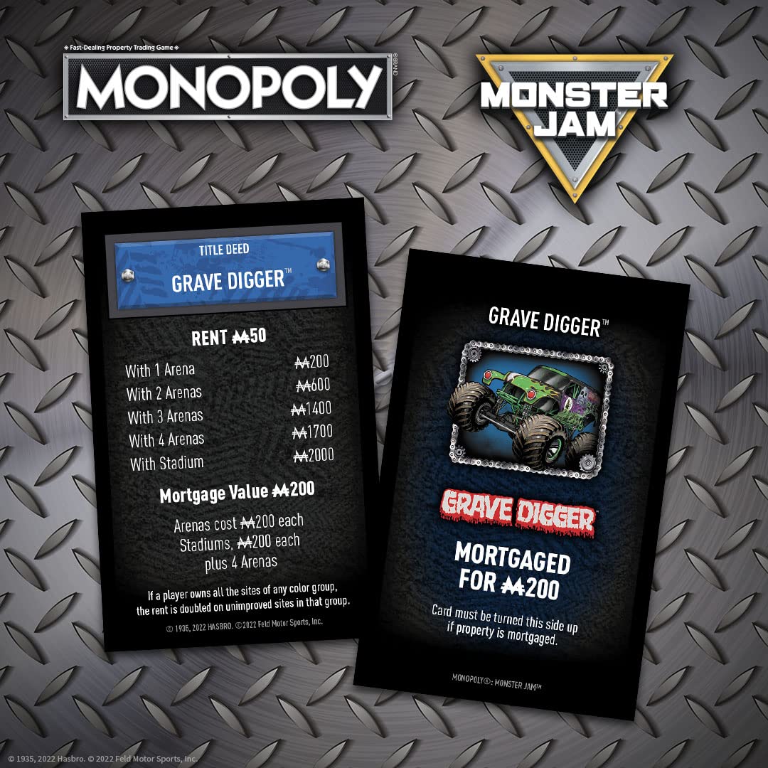USAOPOLY Monopoly: Monster Jam | Buy, Sell, Trade Iconic Trucks Including Grave Digger, Max-D, El Toro Loco, Dragon’s Breath Classic Monopoly Game