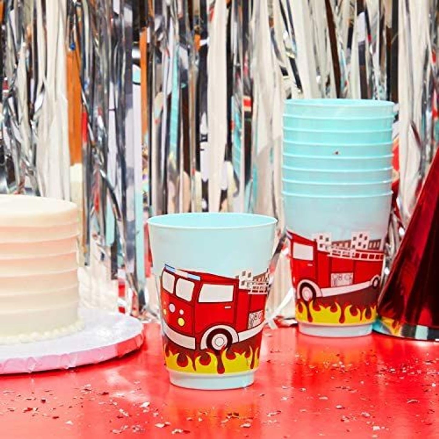 BLUE PANDA Plastic Fire Truck Cups for Kids - 16 Oz, Blue, Pack of 16 - Party Favor Cups for Fire Truck Theme, Reusable & Recyclable