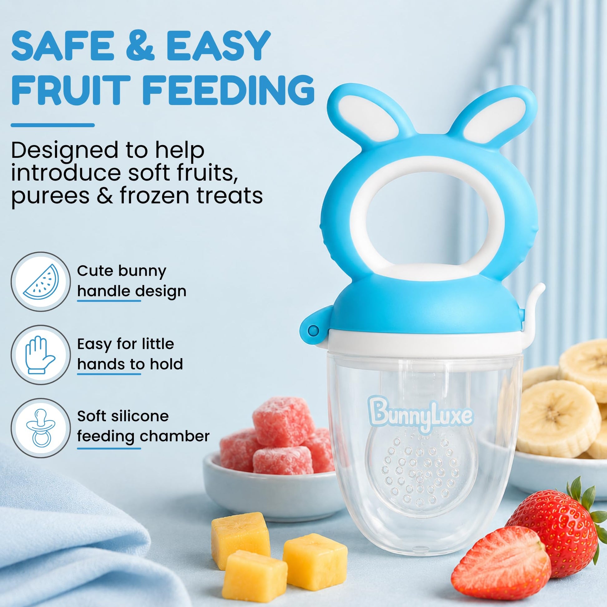 BunnyLuxe Silicone Baby Fruit Feeder for 4 to 10 Months Plus Baby Food Feeder Pacifier for Safe Self Feeding Teething Relief Fresh Food and Baby Led
