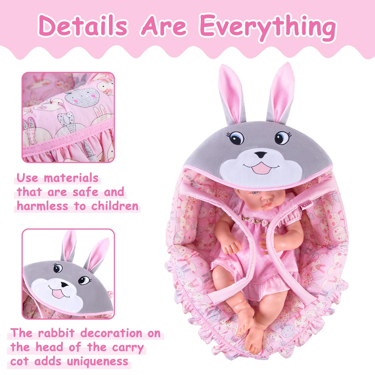 Rakki Dolli Doll Carry Cot Doll Carry Crib Doll Carrier with Fashion Embroidered Rabbit Face, Fits for 16” 18” American Girl Dolls