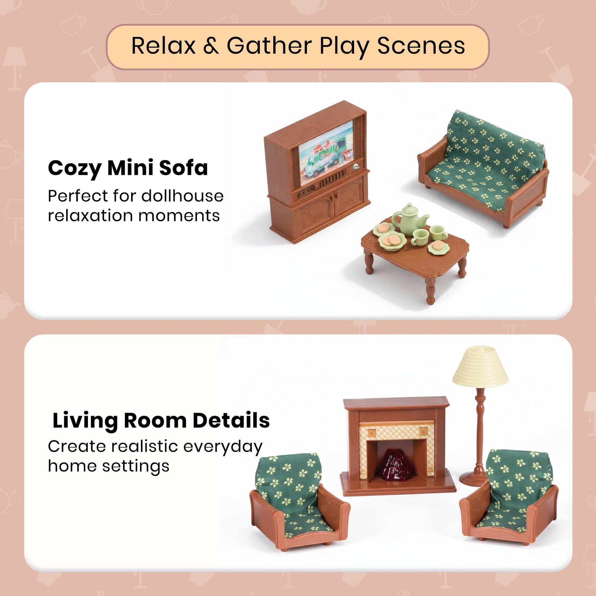 OLEOCA Family Deluxe Dollhouse Living Room Set - Sofa & Two Armchairs, Coffee Table, TV Stand, Fireplace, Floor Lamp, Plant & Tea Set - Dollhouse