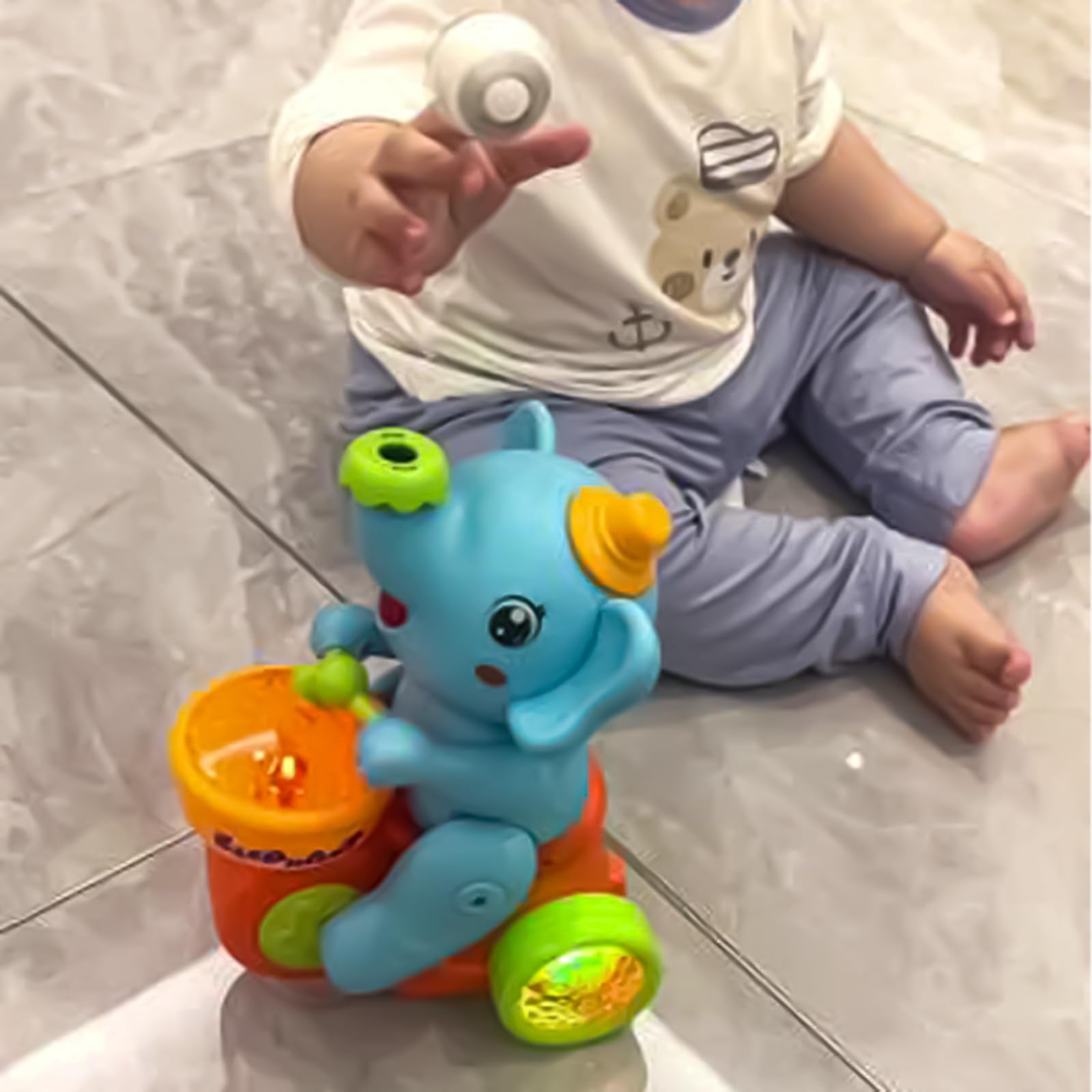 Billowvolve Musical Walking Elephant Drummer Toy Multifunctional Drumming Car Blow Floating Ball Tricycle Children's Drum with LED Lights