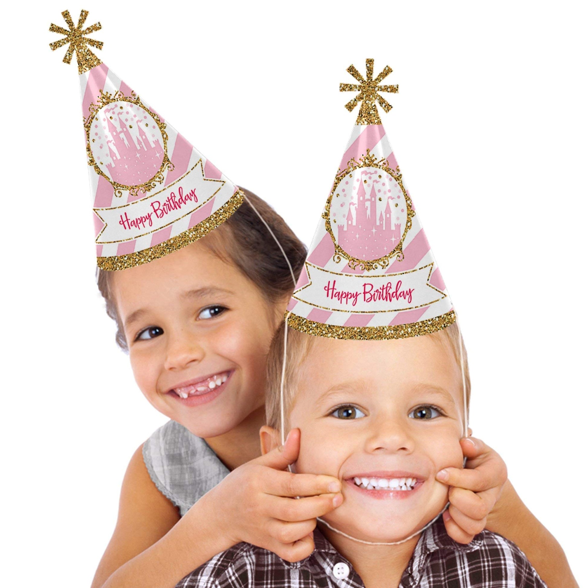Big Dot of Happiness Little Princess Crown - Cone Pink And Gold Princess Happy Birthday Party Hats For Kids And Adults - Set Of 8 (Standard Size)
