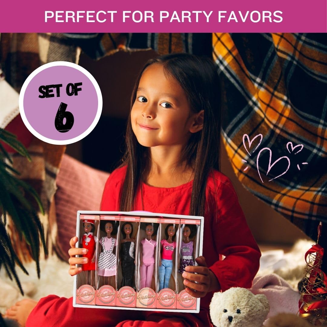 Liberty Imports 6 Set of African American Black Toy Dolls - 11.5" Premium Fashion Style Diversity Role Play Dolls, Bundle Variety Pack for Kids, Girls