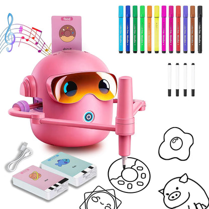 CaraSuL Drawing Robot for Kids with 100 Cards, 12 Colorful Pens & 4 Paintbrushes Montessori Painting Toys for 3-12 Years Old, Voice Read Early