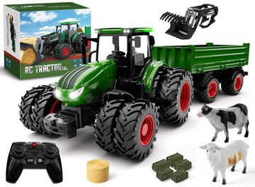 Remote Control Tractor Toys for Boys | Metal Hood & 8 Rubber Tires, 1:24 Scale 2.4 GHz RC Truck Farm Vehicle Playset with Detachable Trailer, Front