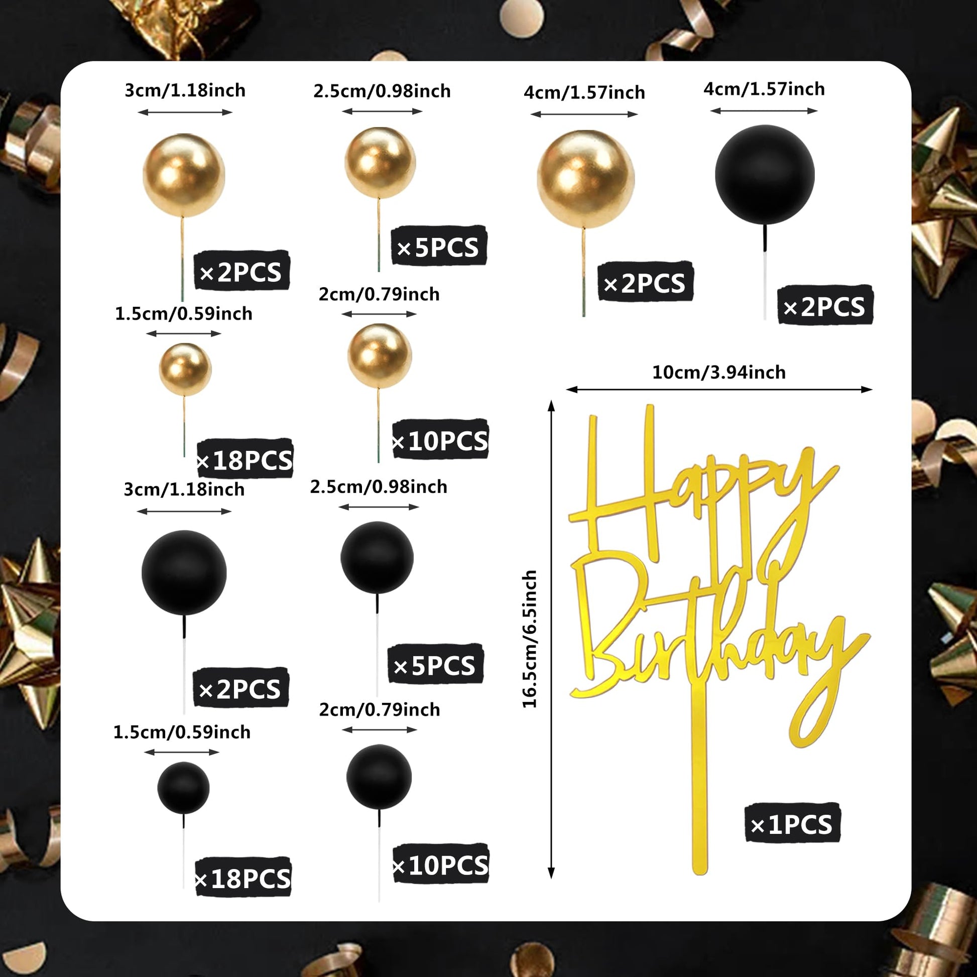 75 PCS Black and Gold Balls Cake Toppers Happy Birthday Insert Card