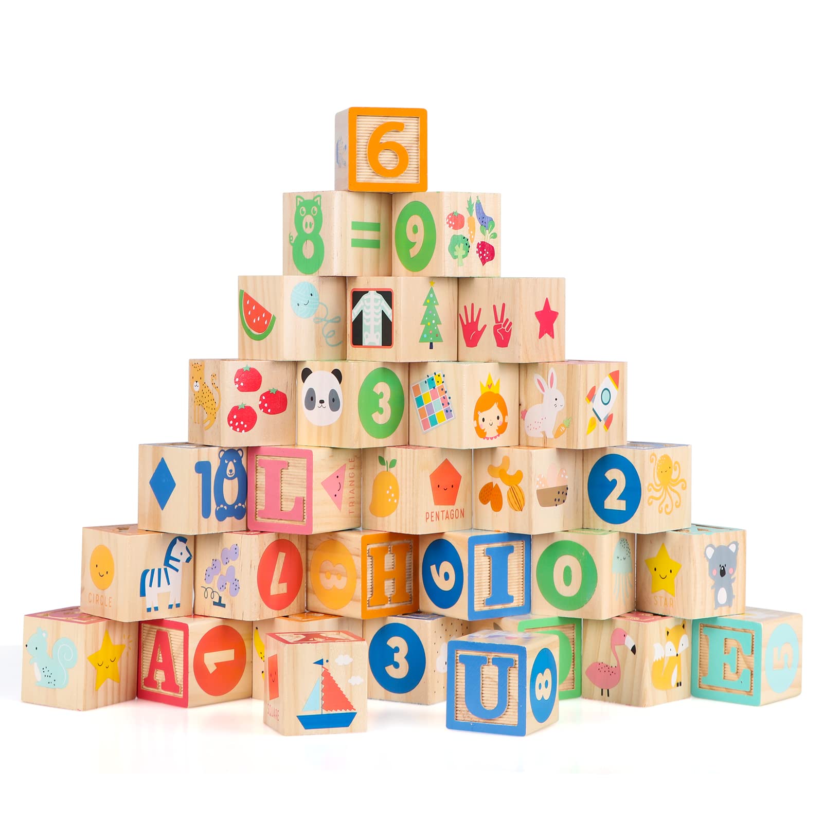 Joqutoys Wooden Building Blocks for Toddlers, Large Wood Baby Stacking Blocks Set for Kids, 30 PCS Alphabet Blocks with Toy Wagon, Educational Wooden