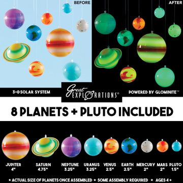 Great Explorations, 3-D Solar System Glow In The Dark Ceiling Hanging Kit 3D Planets and Star Stickers Create the Milky Way Teach Science STEM