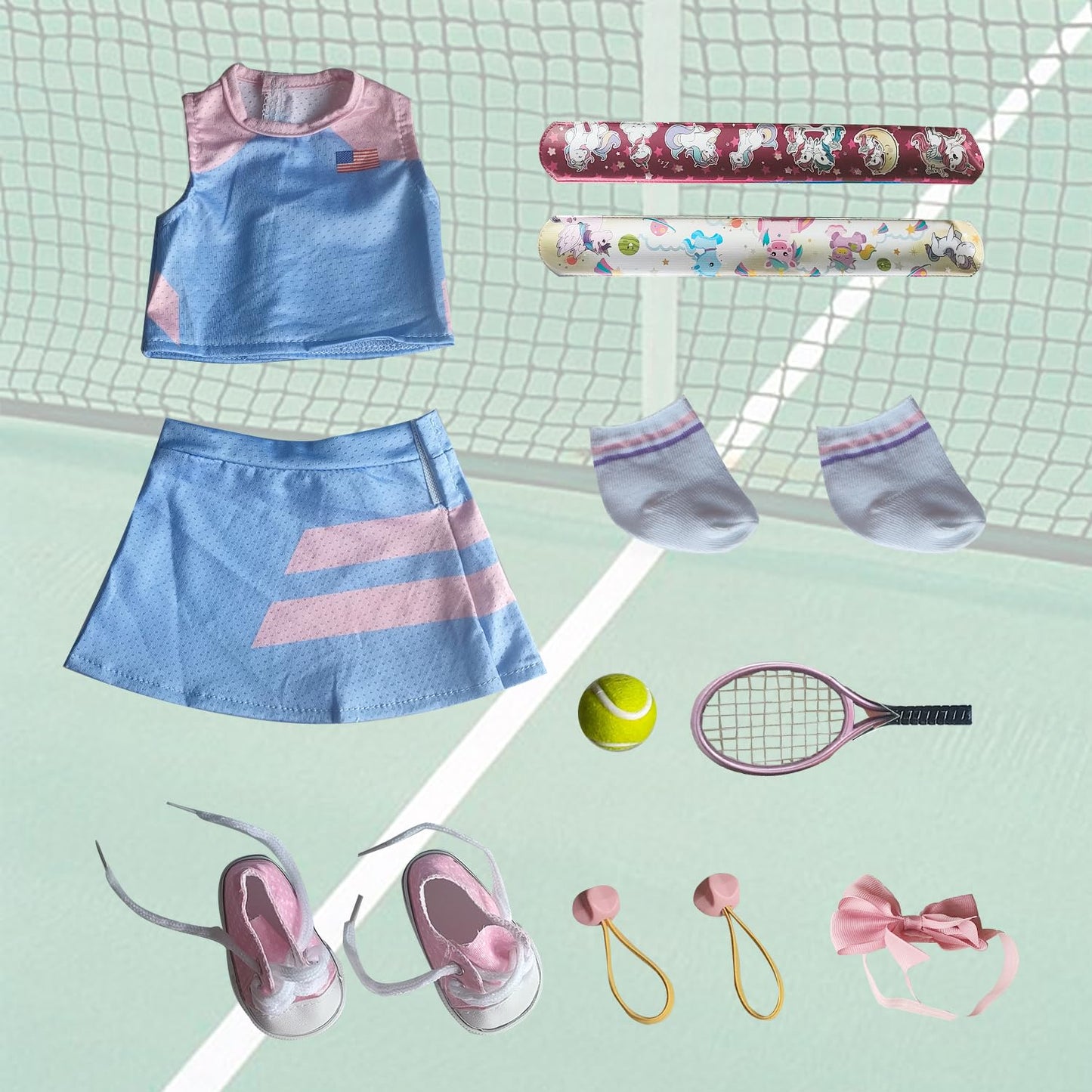 Wenzhuo 18inch Doll Clothes and accessories-18 Dolls Tennis Sports Outfits-Tops, Short Skirt, Headbands, Hair Band?Doll Socks, Dolls Shoes, Rackets