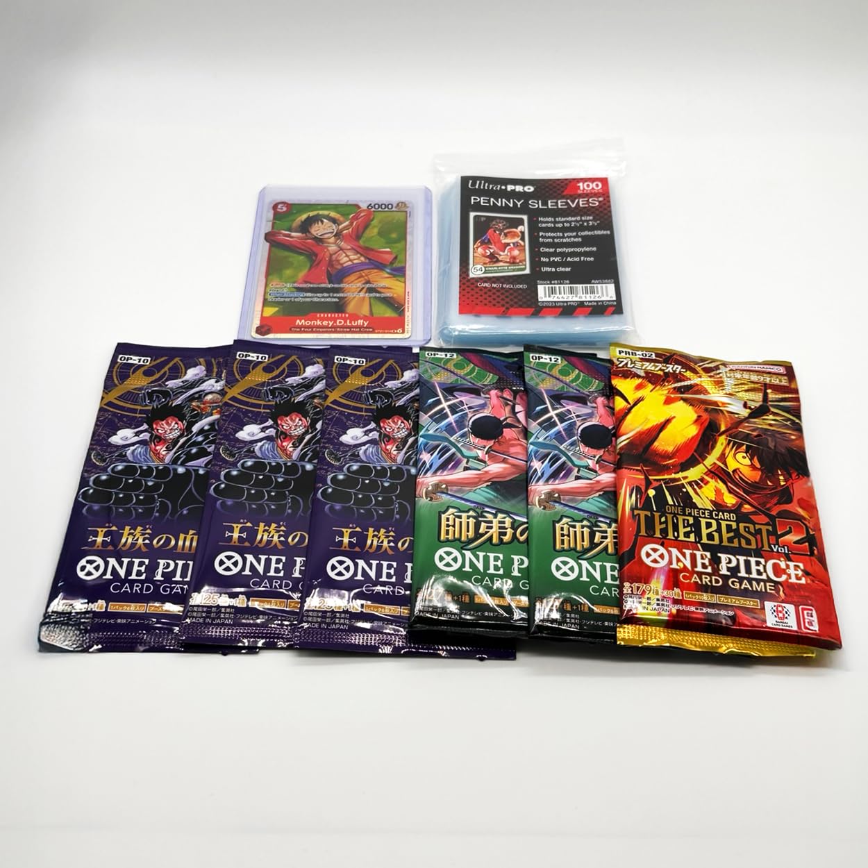 One Piece Card Game Mystery Pack Bundle - 6 Sealed Booster Packs (OP-09, OP-10, OP-13) + Ultra Pro Card Sleeves - Authentic Japanese TCG Packs