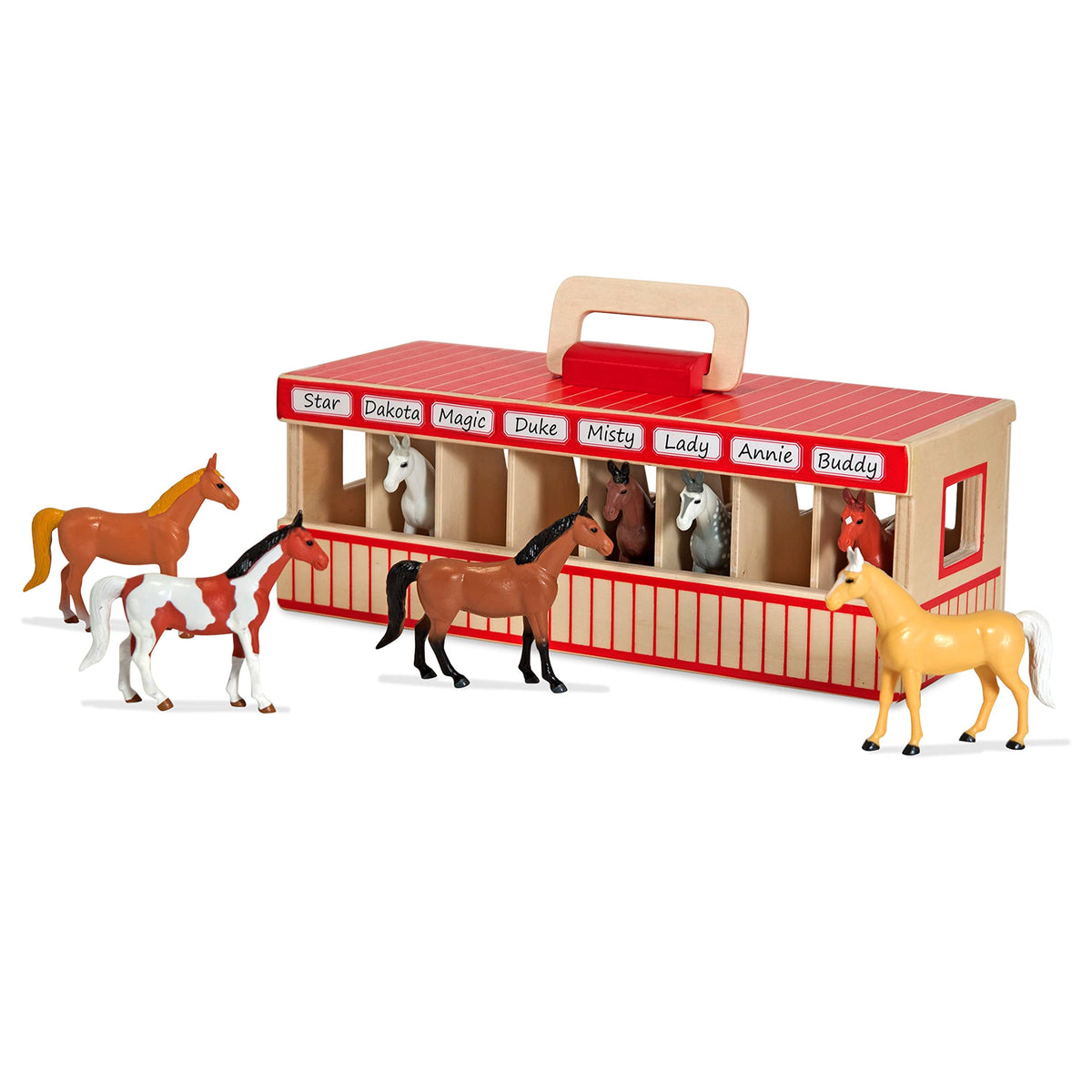 Melissa & Doug Take-Along Show-Horse Stable Play Set- Pretend Play Wooden Barn Toy with 8 Horse Toys & Carrying Case, Portable Preschool Travel Toys