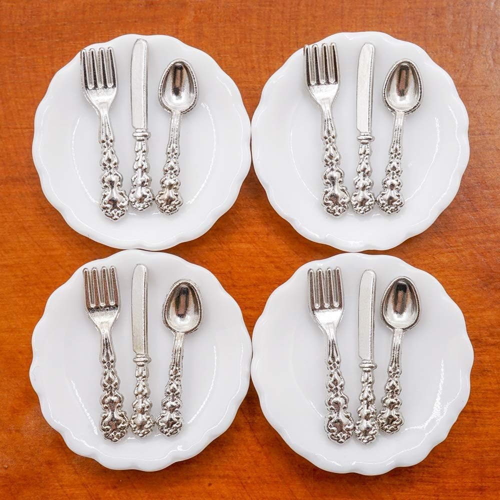4Set Silver 1/12 Miniature Plates and Silverware Knife Fork Spoon Set Dollhouse Accessories, Décor, Decorations