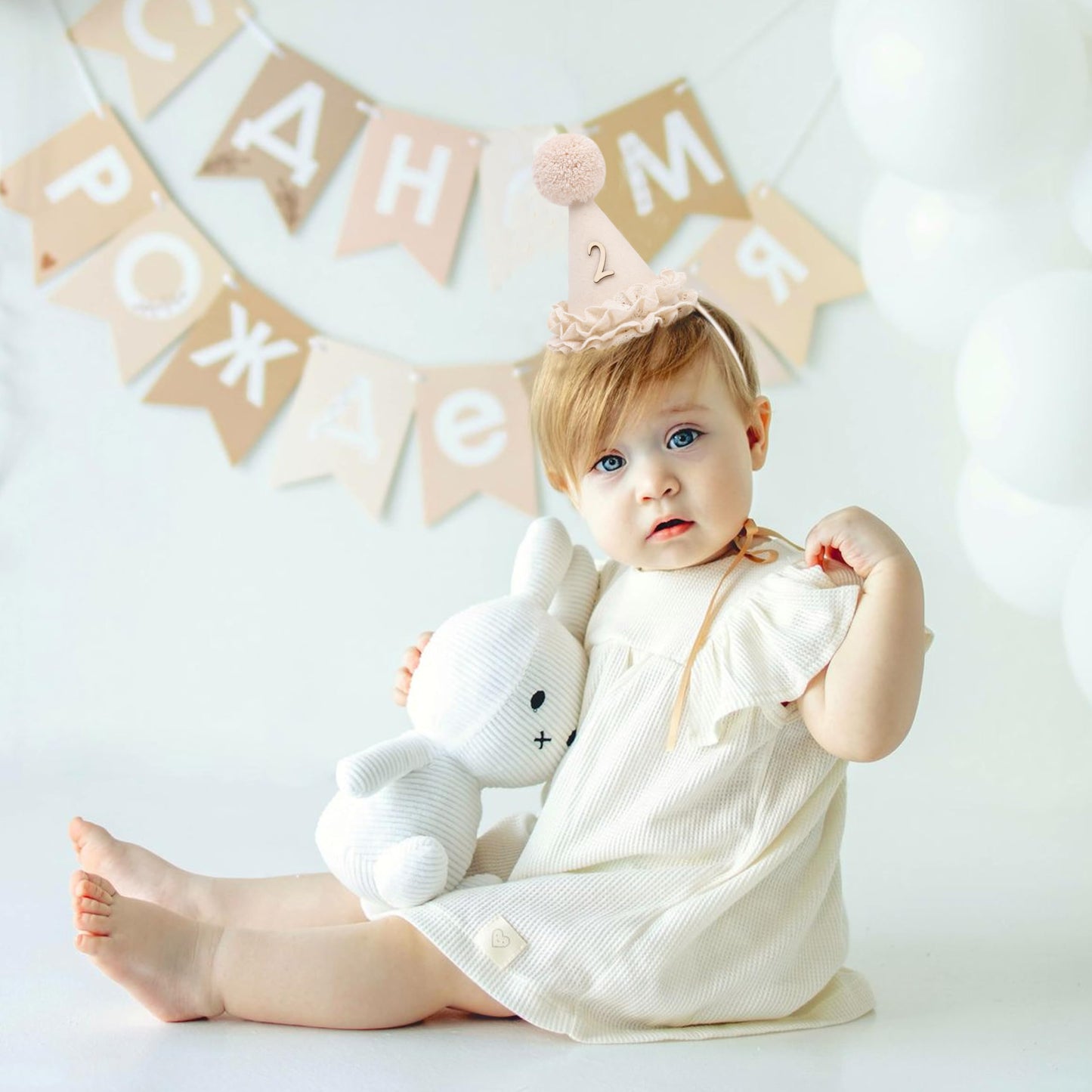 WAHAWU Lace 2nd Birthday Hat - Two Sweet Birthday Decorations,Lace Flower Princess Party Crown,Beige Cone Hat for Cake Smash,Second Floral Party
