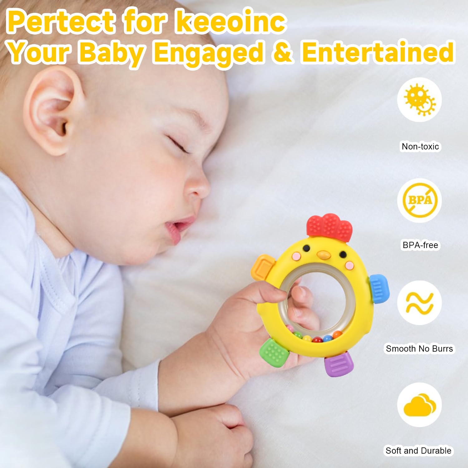 WALULAN Sensory Toys for Babies, 2 Pack Baby Teething Rings Toys for 0-3 3 6-12 Months Baby Rattle Teether Silicone Teether Relief Chew Soothing,BPA