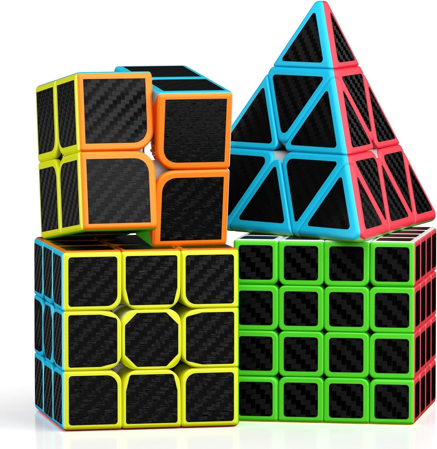 Roxenda Speed Cube Set, Speed Cube Bundle of 2x2 3x3 4x4 and Pyramid Cube Smoothly Magic Cubes Collection for Kids Teens & Adults [4 Pack] (Carbon