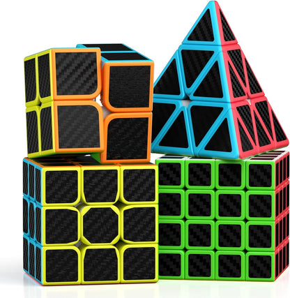 Roxenda Speed Cube Set, Speed Cube Bundle of 2x2 3x3 4x4 and Pyramid Cube Smoothly Magic Cubes Collection for Kids Teens & Adults [4 Pack] (Carbon