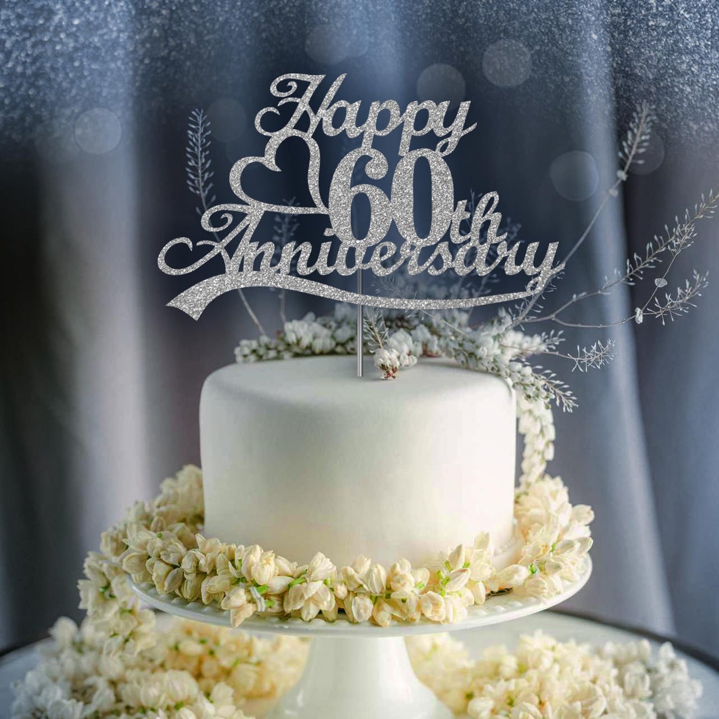 Happy 60 Anniversary Cake Topper Silver Glitter, Wedding Anniversary Party Decoration Ideas, Premium Quality, Sturdy Doubled Sided Glitter, Acrylic