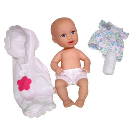 Goldberger Baby's First: 13" Skin-So-Soft Playful Bathtime Baby Softina - White Bath Blanket with Pink Flower - Bath Time Doll, 4 Accessories Pieces