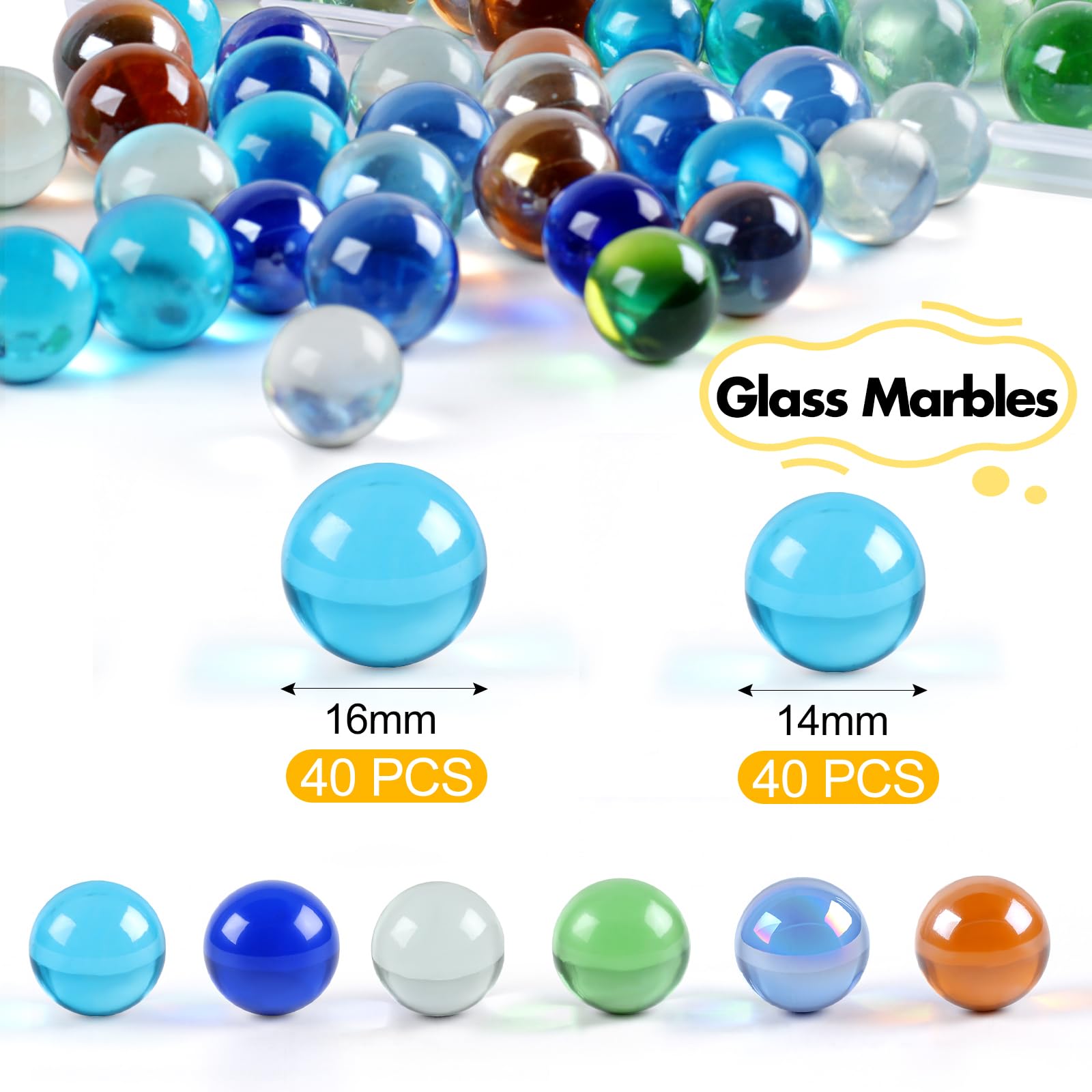 REGUICORP 80PCS Glass Marbles, 14mm & 16mm Sizes Marbles Bulk, Solid Round Marbles for Board Games, DIY Decorations and Home Furnishings, Party