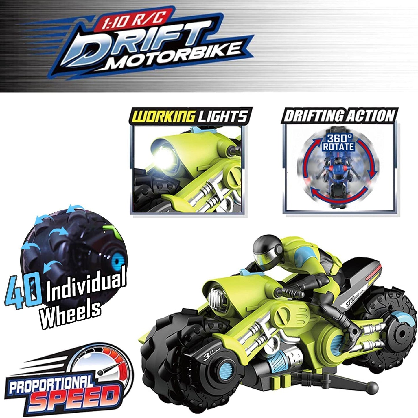 UNIQUE KIDS Remote Control Motorcycles - 360° Spinning Action, High-Speed Racing Motorbike with LED Lights for Boys and Girls Green Color