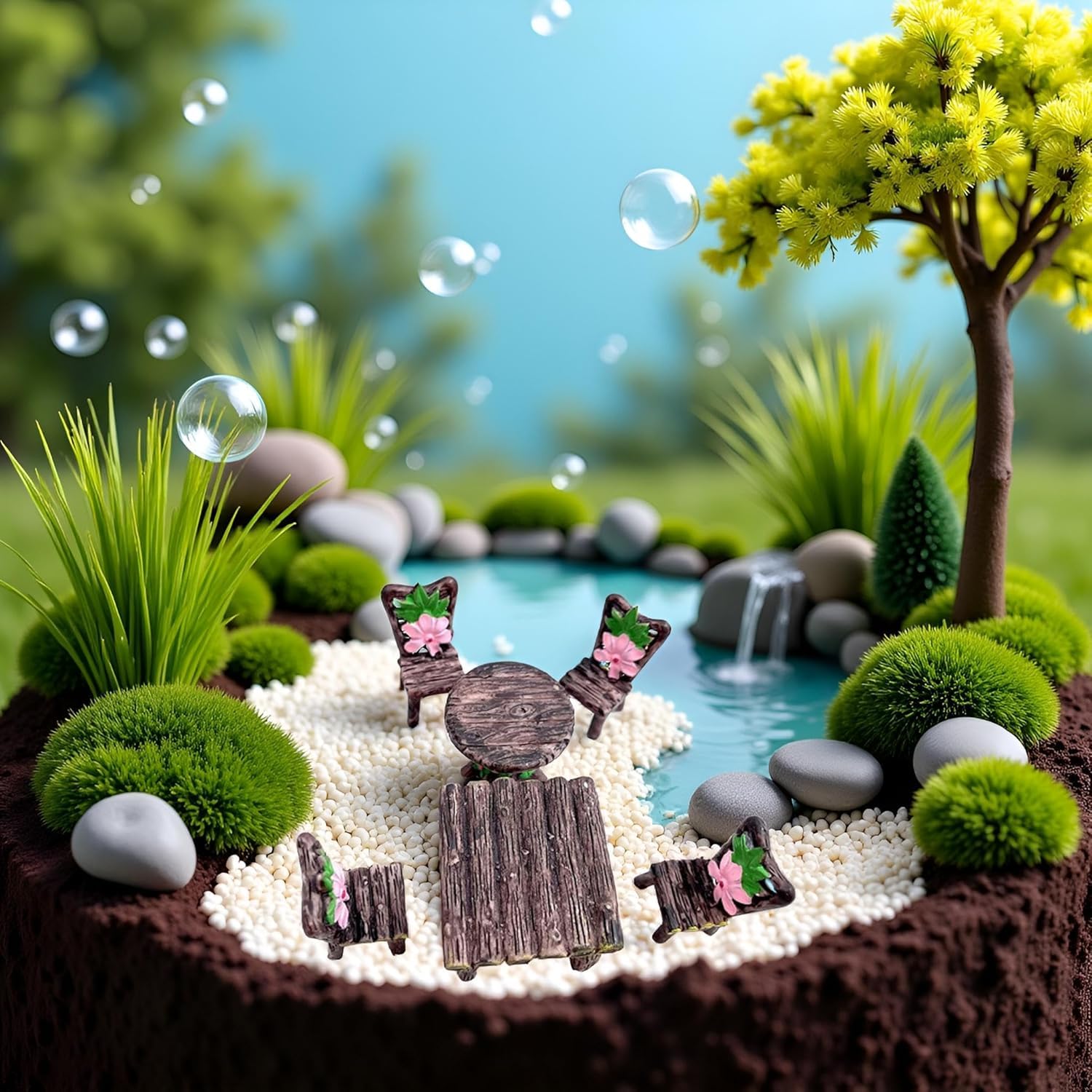 3 Pcs Miniature Table and Chairs Set - Outdoor Pastoral Style Fairy Garden Furniture Ornaments - Resin Bench & Chair Kit for Dollhouse Accessories