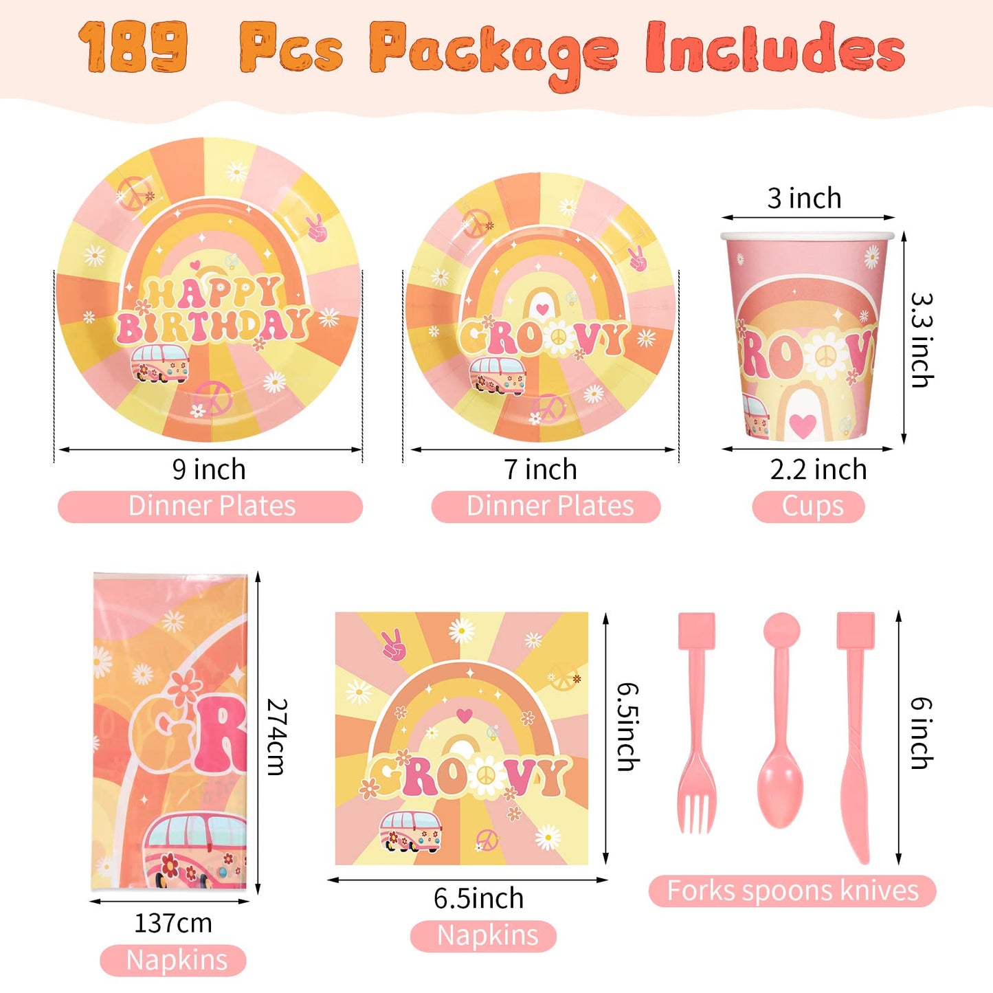 189 Pcs Two Groovy Birthday Party Tableware Set, Groovy Boho Hippie Daisy Tablecloth 24 Guests Dinner Plates Dessert Plates Cups and Napkins for Girl