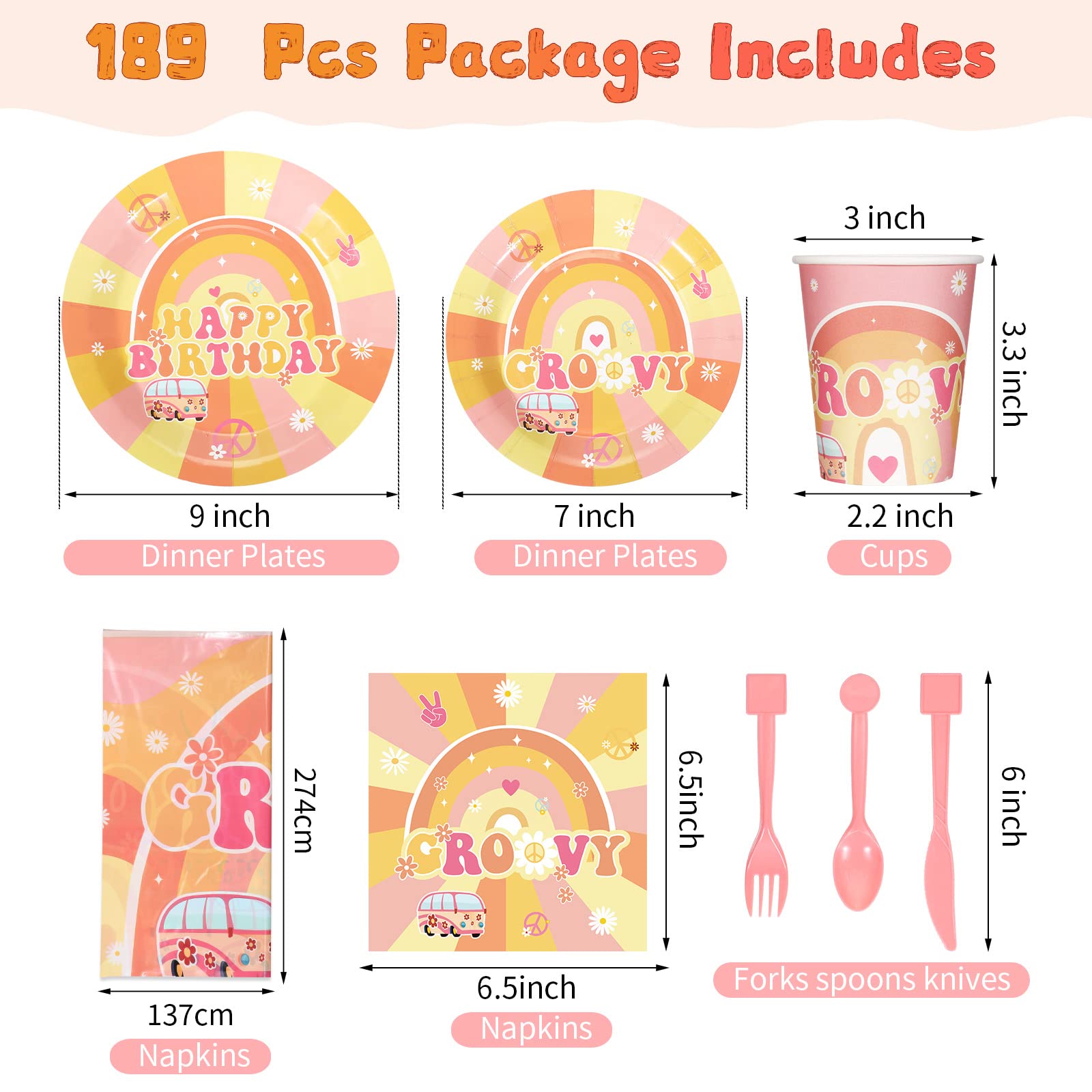 189 Pcs Two Groovy Birthday Party Tableware Set, Groovy Boho Hippie Daisy Tablecloth 24 Guests Dinner Plates Dessert Plates Cups and Napkins for Girl