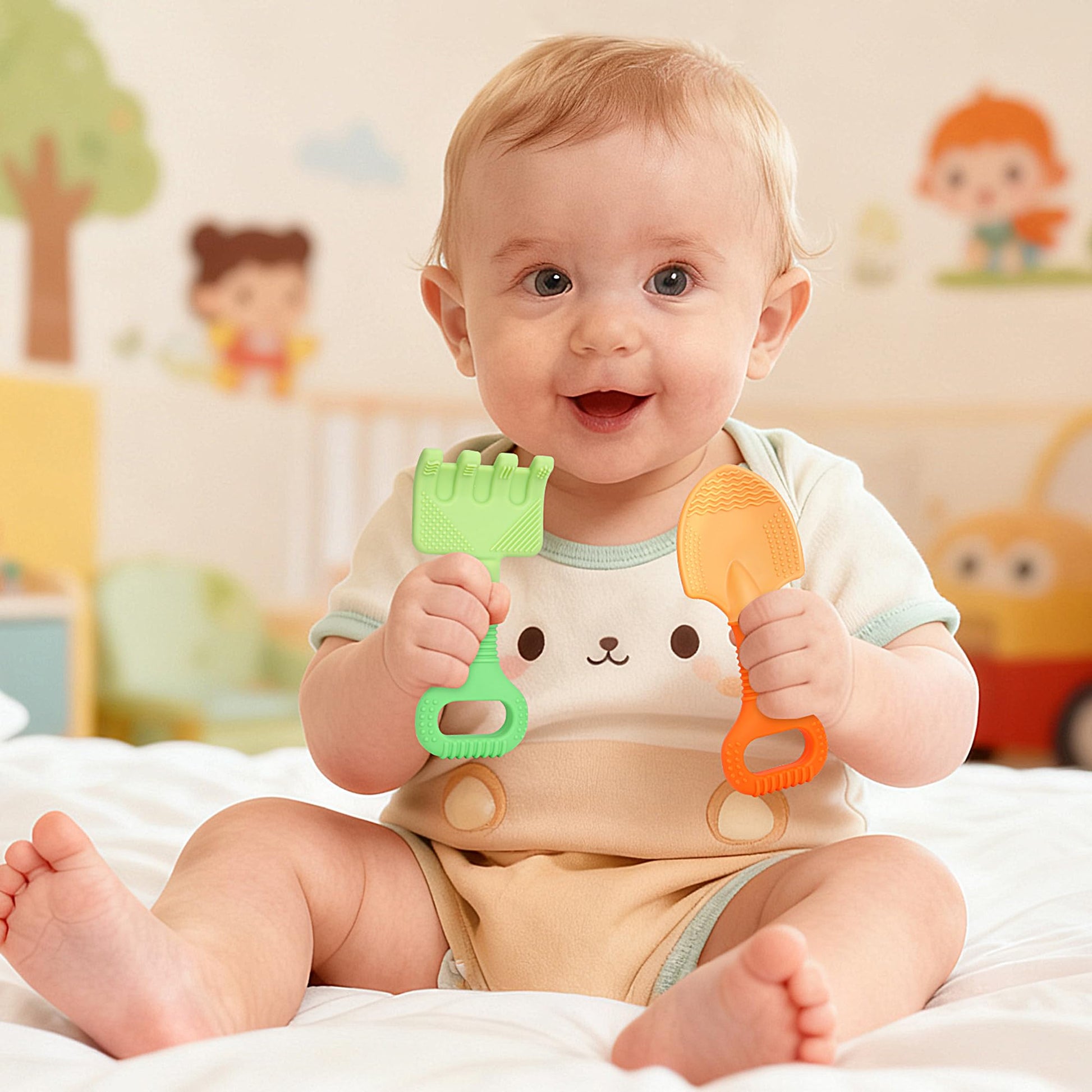Baby Teething Toys, Baby Garden Teether Toys Shovel & Rake Silicone Teethers for Babies 0-6 6-12 Months, Multi-Texture Gum Massage Teething Relief