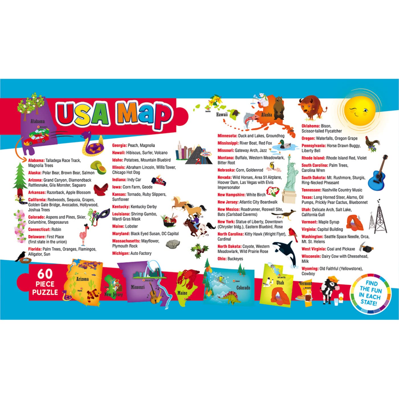 MasterPieces 60 Piece Educational Jigsaw Puzzle for Kids - USA Map State Shaped - 16.5"x12.75"