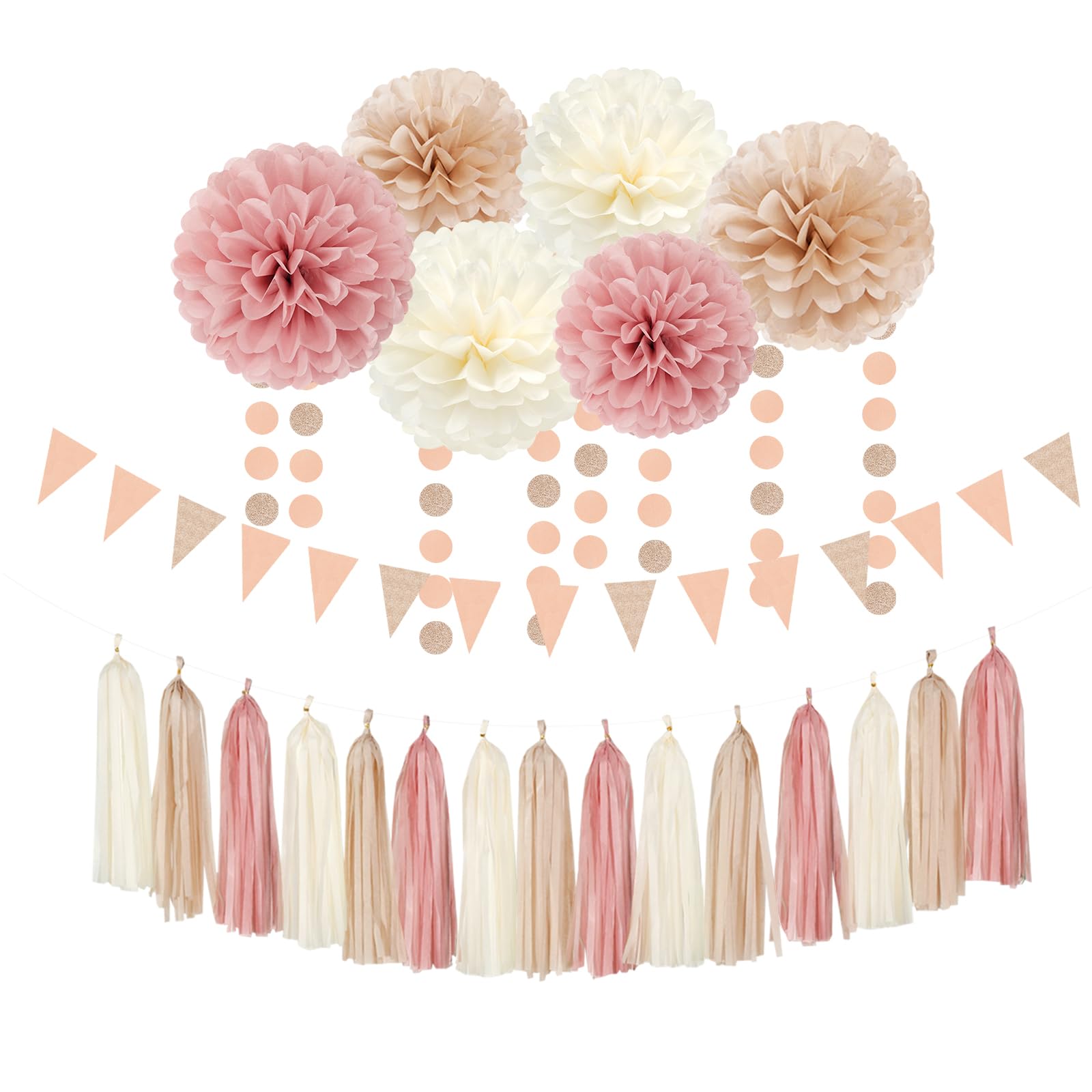 Pink Champagne-Peach Rose-Gold Boho Party Decorations - 23pcs Women Girls Birthday Tissue Pom Poms Streamers,Baby Bridal Shower Tassel Garland