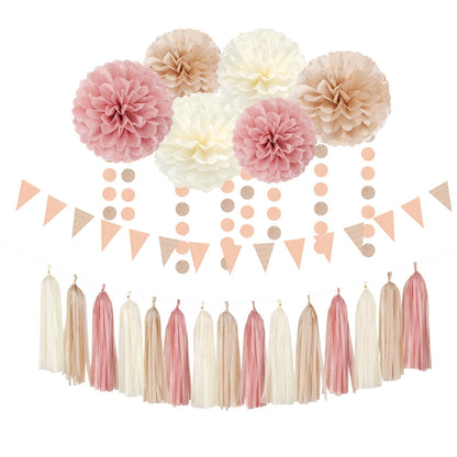 Pink Champagne-Peach Rose-Gold Boho Party Decorations - 23pcs Women Girls Birthday Tissue Pom Poms Streamers,Baby Bridal Shower Tassel Garland
