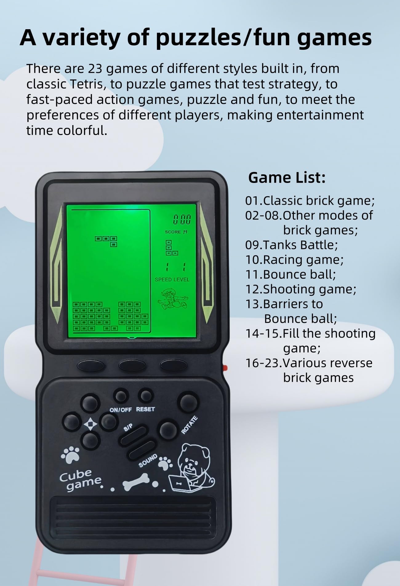 LZYCH Electronic Cube Game Console Built-in 23 Block Games Thousands of Modes Green Backlight Adjustable Difficulty/Speed Handheld Puzzle Game Retro