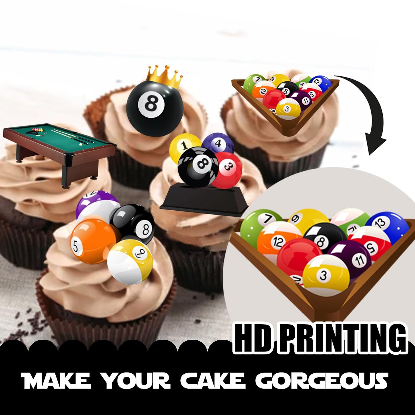 18pcs Glitter Billiards Dessert Cupcake Topper Sport Pool Ball Theme Decor Supplies Men Women Happy Birthday Decorations