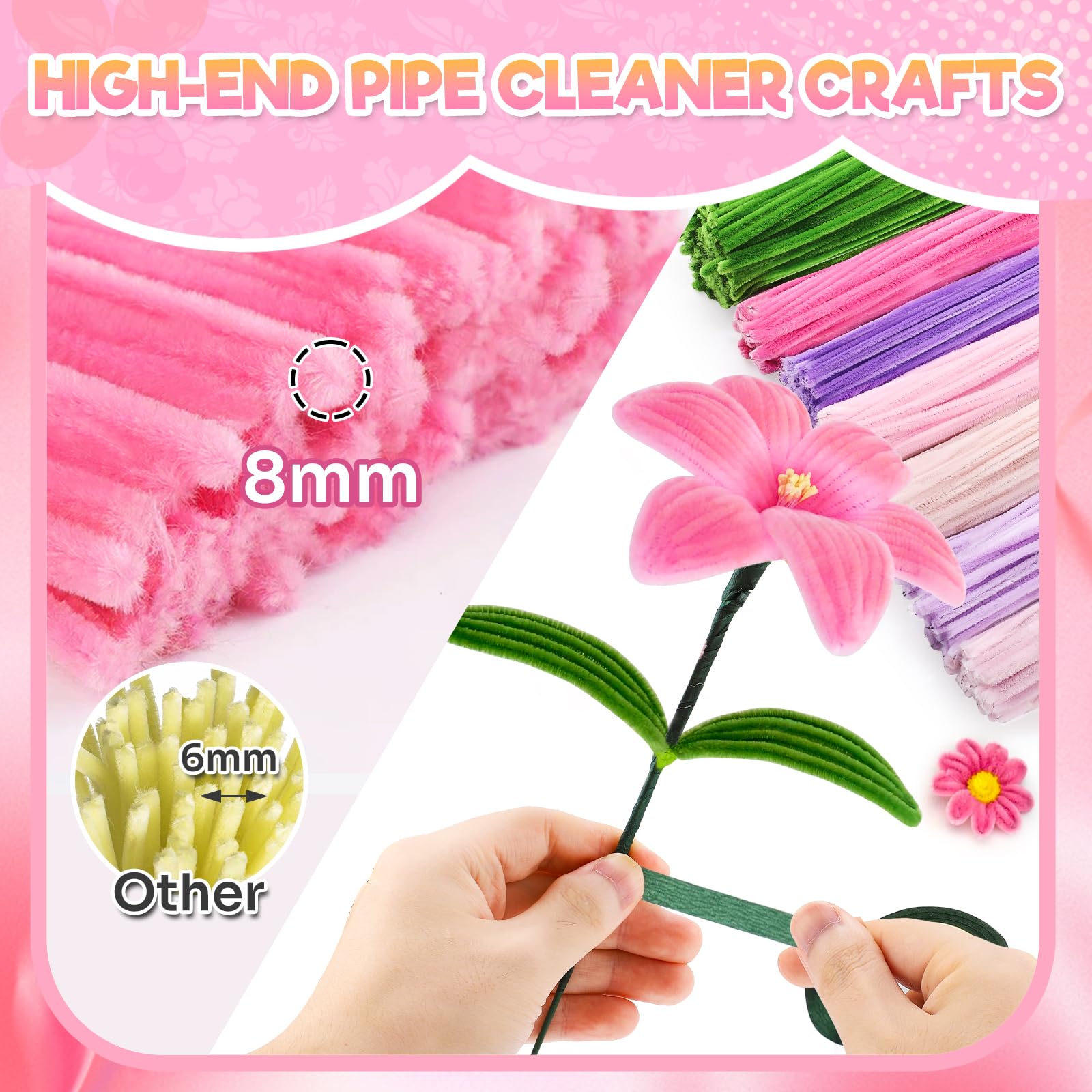 Pipe Cleaners Craft Flowers Kit 791 Pcs, 400 Pcs 7 Colors 8mm Fuzzy Pipe Cleaners Bulk (Tulips/ Lilies), 360 Pcs Stamen, Chenille Stems for DIY Flower