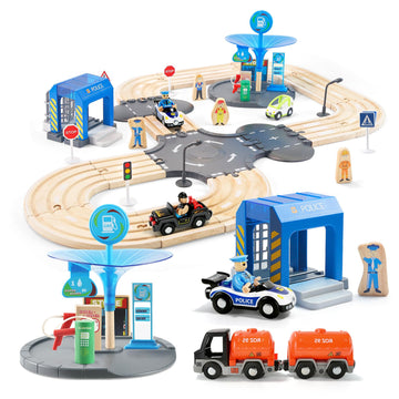 JugueteLand 59 Pcs Wooden Train Set for Toddlers, Toy Train with Track for Kids Ages 3-6, Deluxy Double Track City Police Station Railway Playset