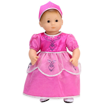 Sophia's 15" Baby Doll 2 pc. Embroidered Princess Dress and Crown, Hot Pink with Silver Trim