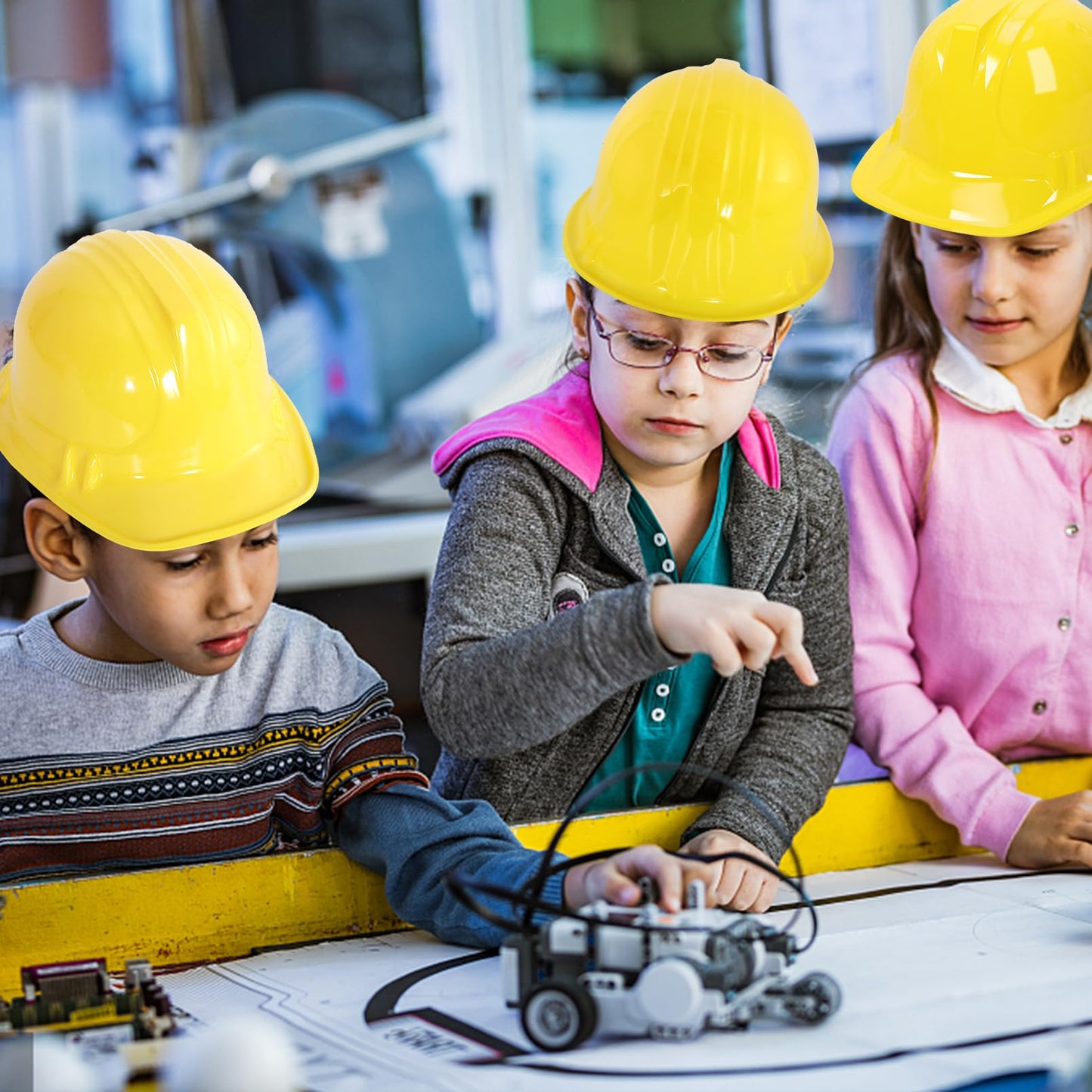 Blcculi 16 Pack Yellow Soft Plastic Hard Hats, Toy Construction Worker Helmets for Dress-Up and Party Supplies