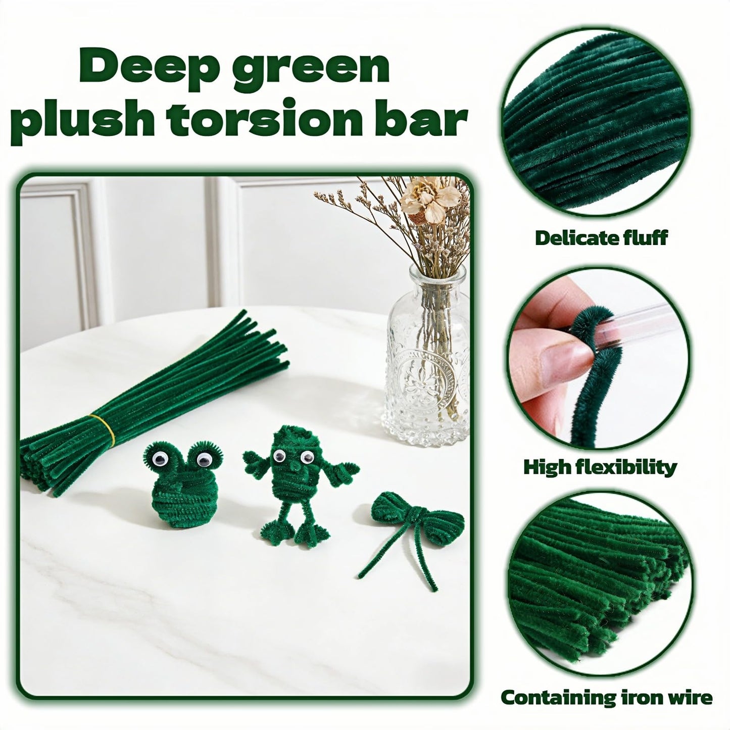 Dark Green Pipe Cleaners, 100 Pieces Chenille Stems for DIY Crafts, Arts and Festival Decorations, 6mm x 12 Inch