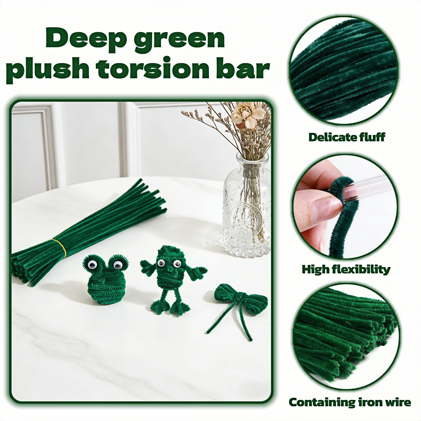 Dark Green Pipe Cleaners, 100 Pieces Chenille Stems for DIY Crafts, Arts and Festival Decorations, 6mm x 12 Inch