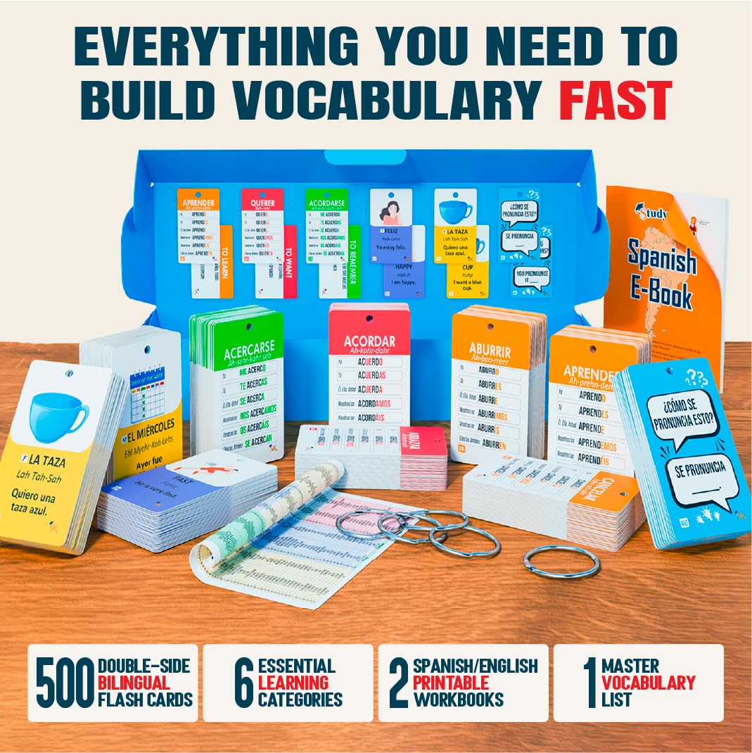 500+ Spanish Vocabulary Flash Cards for Adults & Kids Ages 15+ - Verb Conjugation, Nouns, Adjectives & Phrases to Learn Spanish for Adult Beginners