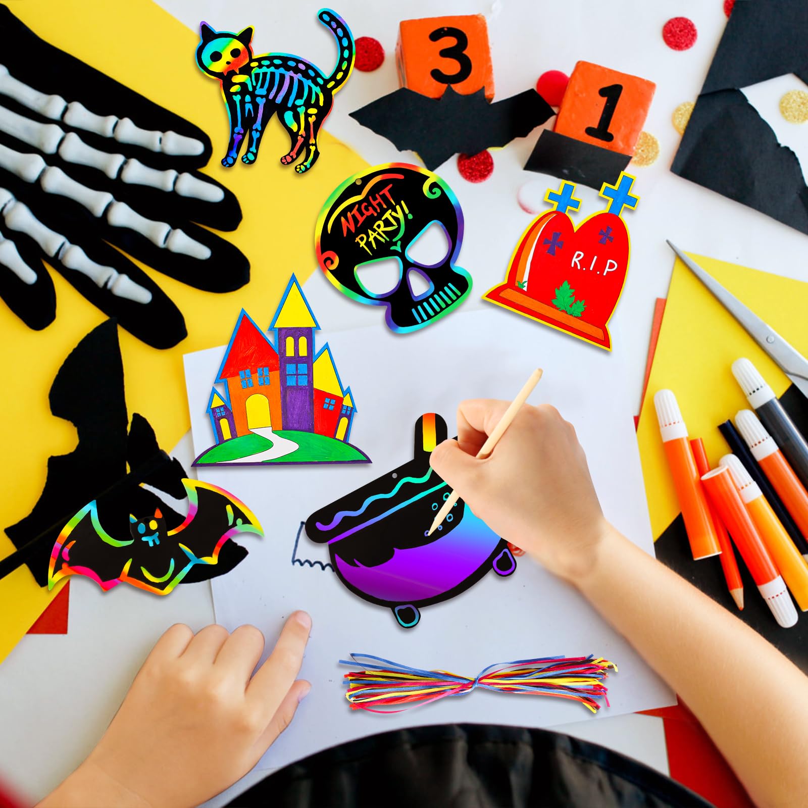 Max Fun Halloween Craft Scratch Paper Art for Kids Party Games Ornaments 96PCS Magic Rainbow Scratch Off Cards Paper Hanging Educational Toys Kit